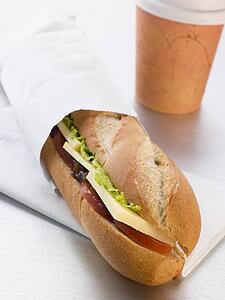 Cheddar Cheese, Pickle And Salad Baguette With A Take Away Coffee
