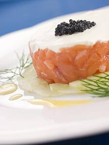 Tartare of Wild Salmon Creme Fraiche Cucumber Caviar and Lemon Oil