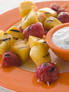 Caramelised Fruit Brochette with Honey Creme Fraiche