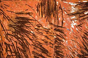 Old rusted orange metal siding with scratch marks.