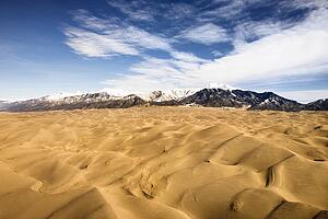 Aerial landscape of sand dunes in Great Sand Dunes National Park, Colorado.