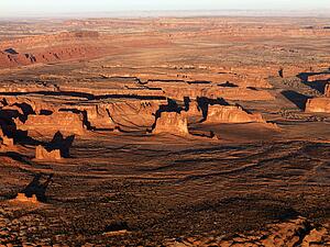Aerial landscape of rock formations in Canyonlands National Park, Utah, United States