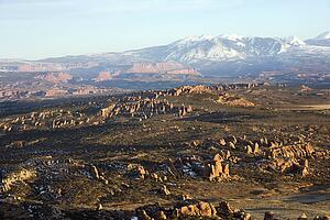 Aerial landscape of wide canyon in Arches National Park, Utah, United States