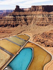 Aerial landscape of tailing ponds for mineral waste in rural Utah, United States