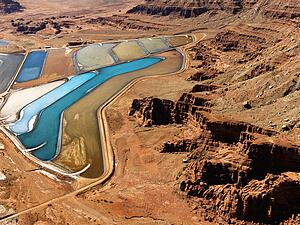 Aerial landscape of tailing ponds for mineral waste in rural Utah, United States.