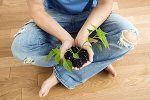 Man sitting on floor holding growing cayenne plant