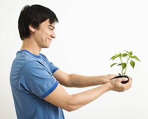 Man standing holding growing plant