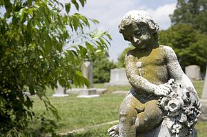Graveyard scene with cherub statue