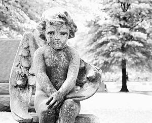 Statue in graveyard of cherub