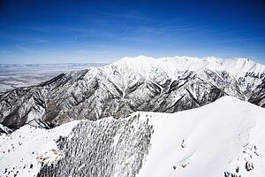Aerial scenic of snowy Sangre De Cristo Mountains, Colorado, United States in winter.
