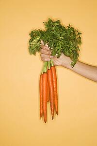 Close up of woman holding bunch of carrots on yellow background