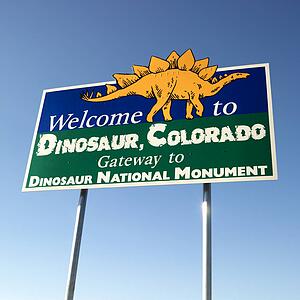 Welcome sign for city of Dinosaur, Colorado, USA