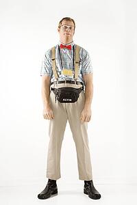 Young man dressed like nerd looking at viewer