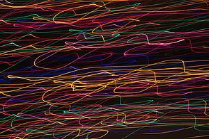 Multicolored lights forming abstract squiggle pattern from motion blur
