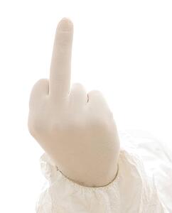Hand wearing white rubber glove with middle finger extended making profane gesture