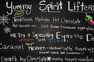 Cafe menu with drink items on blackboard