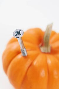 Silver Phillips head screw drilled into side of pumpkin