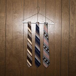 Three retro ties hanging on a wire hanger against wood paneling