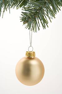 Gold Christmas Decoration Hanging From Tree Against White Background