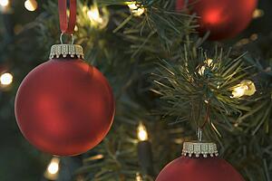 Red Christmas Baubles Hanging On Christmas Tree