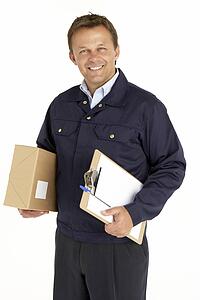 Portrait Of Courier Holding A Parcel And Clipboard