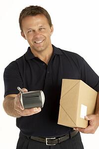 Courier Holding A Parcel And Electronic Clipboard