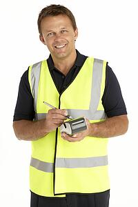 Courier Writing On An Electronic Clipboard, Smiling At The Camera