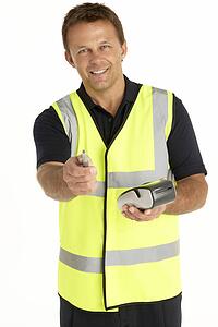 Courier Writing On An Electronic Clipboard, Smiling At The Camera