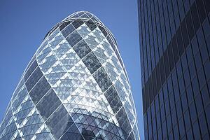 Glass Exterior Of Swiss Re Tower, London, England