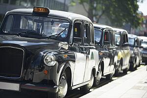 London Taxis Lined Up On Sidewalk