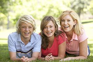Woman And Her Teenage Children Lying On Grass