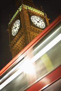 Double Decker Bus Speeding Past Big Ben, London, England