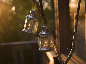 Lake of the Woods, Ontario, Canada; Lanterns hanging from branch