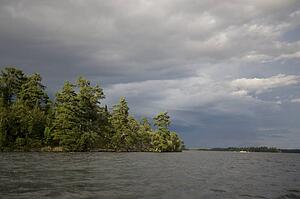 Lake of the Woods, Ontario, Canada; View of woods next to a lake