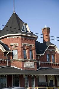 Lake of the Woods, Kenora, Ontario, Canada; Brick railway station with telephone wires