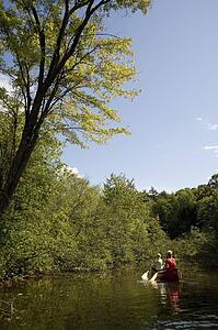 Muskokas, Ontario, Canada; couple canoeing down a river