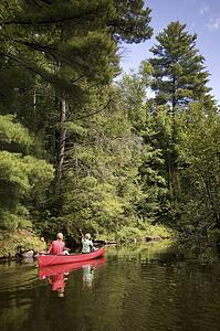 Muskokas, Ontario, Canada; couple canoeing down a river