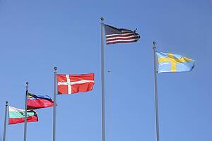 Flags of Bulgaria, Liechtenstein, Denmark, United States and Sweden; Flags flapping in the wind