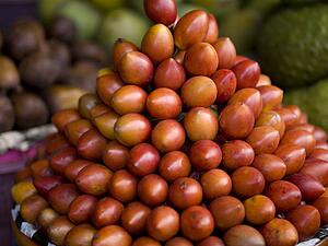 Mangosteen (Garcinia mangostana), Bali, Indonesia; Fruit piled in a market