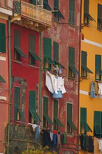 View of apartment buildings and street in Vernazza Cinque Terre Italy