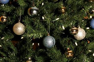 Close up of a Christmas tree covered in decorations