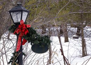 Christmas decorations wrapped around a street light