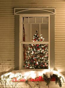 View through a window of a Christmas tree covered in decorations and lights