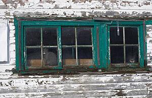 Cat looking out the window of a weather beaten country house
