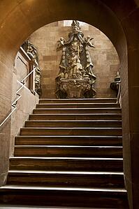 Strasbourg, France; Cathedral steps leading up to a statue