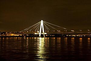 Rhine, Germany; Suspension bridge across the river Rhine
