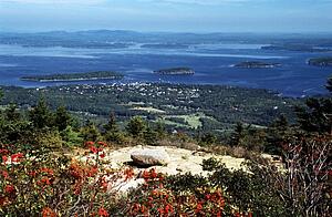 Acadia National Park, Maine, USA; Cadillac Mountain overlooking a coastal town
