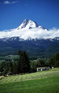 Oregon, USA; Mount Hood and low lying cloud