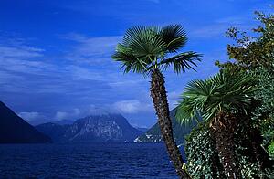 Italy; View across a bay to the Italian Alps