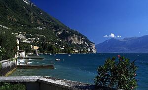Italy; Lake Garda surrounded by buildings and a marina